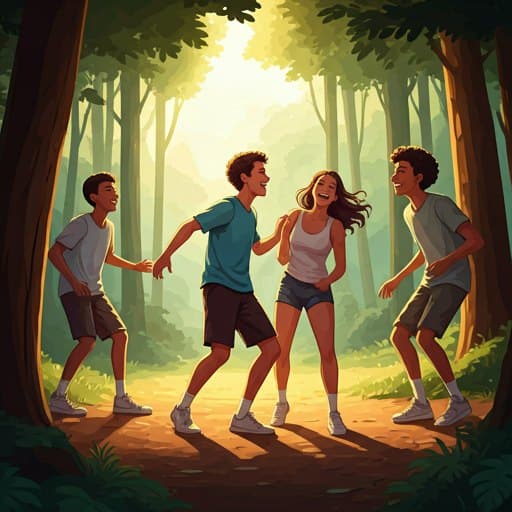 Jovens a correr e a brincar no pinhal