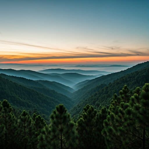 Entardecer sobre as montanhas e o pinhal envoltos em névoa