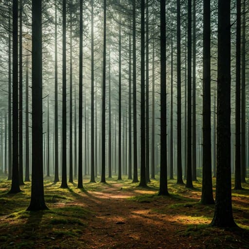 Trilho de terra batida a atravessar o pinhal ao amanhecer
