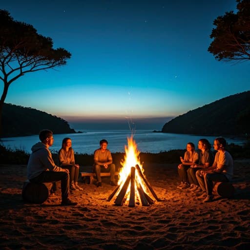 Jovens reunidos à volta da fogueira ao anoitecer