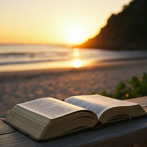 Bíblia e caderno num banco de madeira com vista para o mar ao pôr do sol